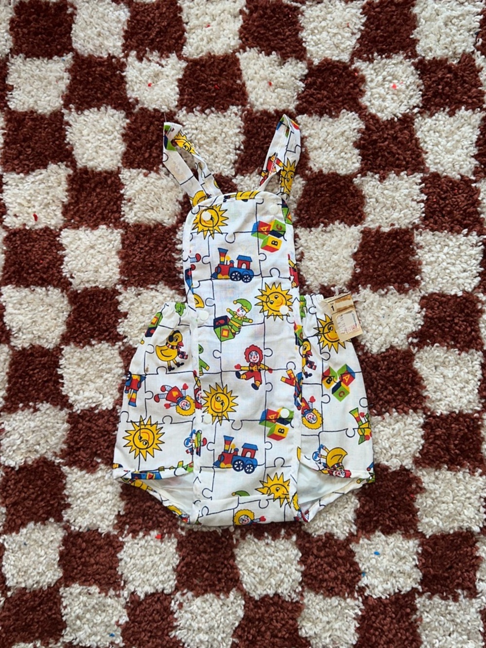 Vintage 70s Playful Sun & Toy Print Baby Romper